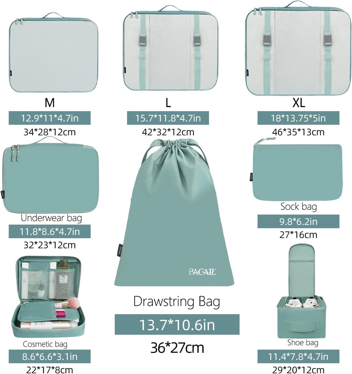 BAGAIL 8 Set Packing Cubes Luggage Packing Organizers for Travel Accessories-Dusty Blue