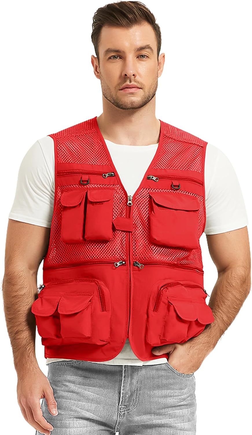 Flygo Men's Fishing Vest Utility Lightweight Outdoor Travel Safari Photo Cargo Vest with 16 Pockets