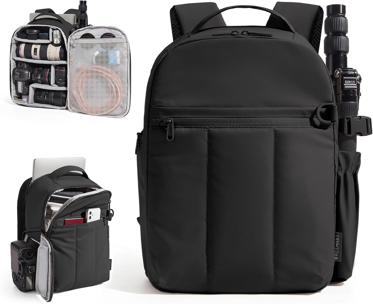 BAGSMART Small Camera Backpack for Women with Laptop Compartment, Black