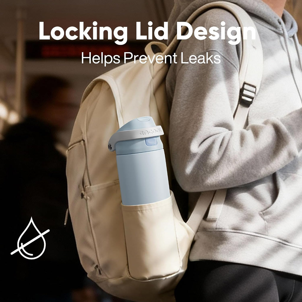 ENCOOL Leakproof Insulated Water Bottle with Straw Dual-Sip Water Bottle Bag-Safe Design for Work, Commute & Gym – Keeps Drinks Cold All Day, 24 oz, Cloud-Hill White