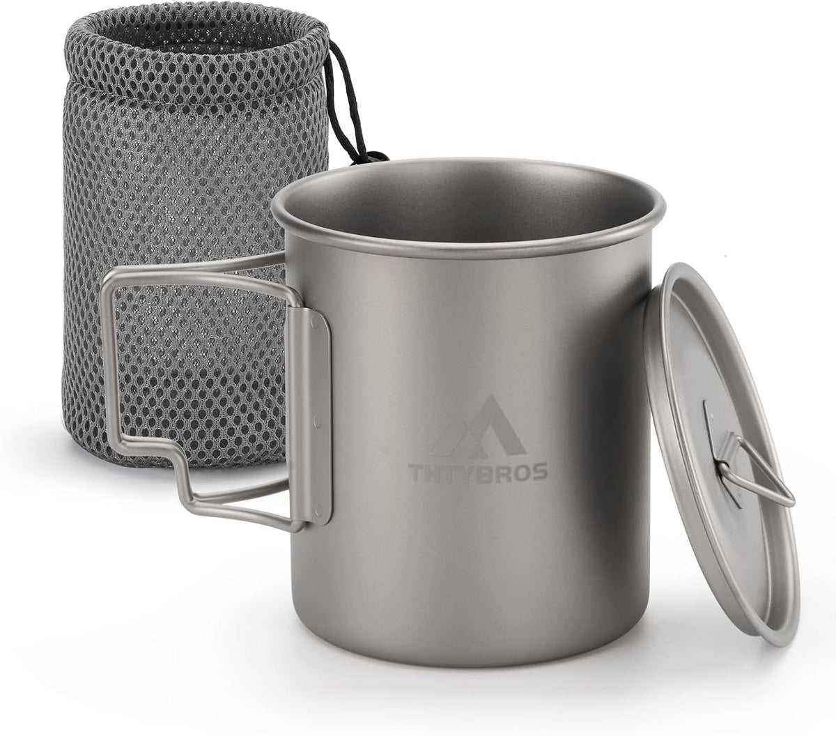 THTYBROS Titanium Cup Ultralight Camping Mug with Foldable Handle & Lid, Pure Titanium Cookware for Outdoor Hiking, Backpacking, Picnic, and Campfire