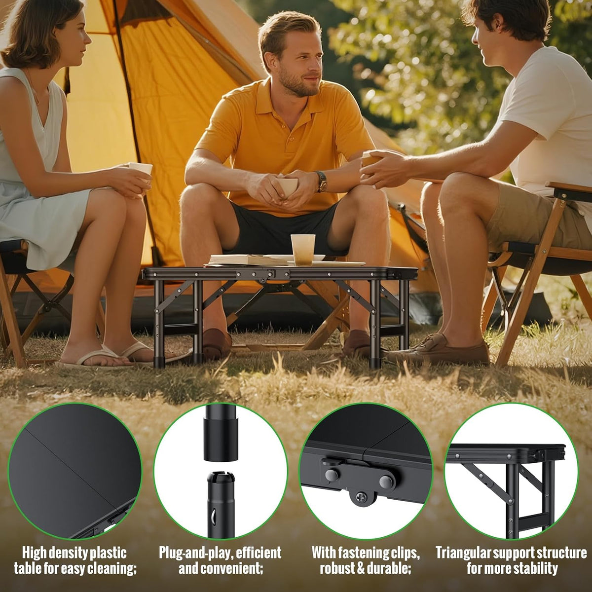 GARLLEN Waterproof Folding Camping Table with 3 Adjustable Height Max 27.5"
