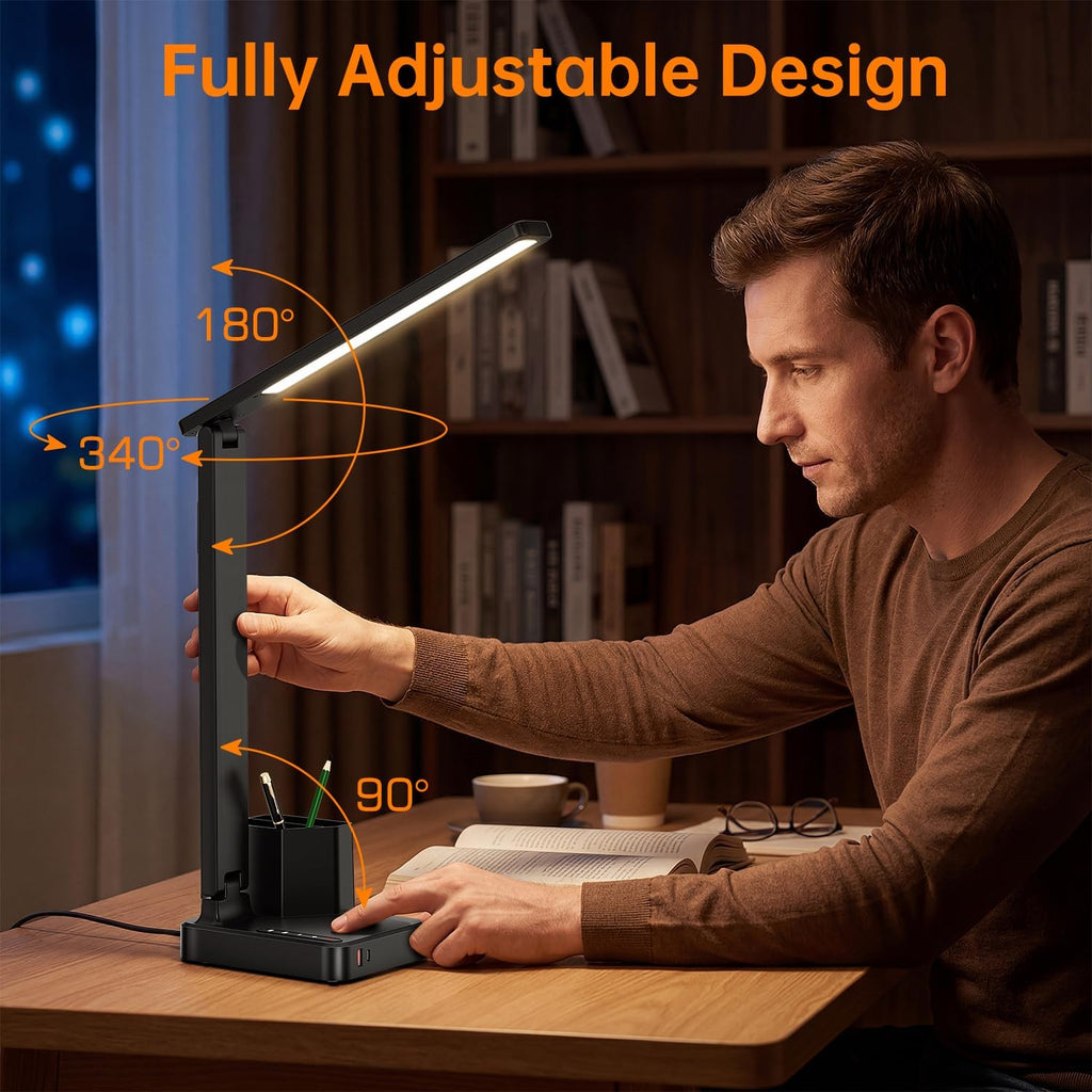 cozoo LED Desk Lamp USB A/C AC Pen Holder Dorm Home Office Desk Light Black