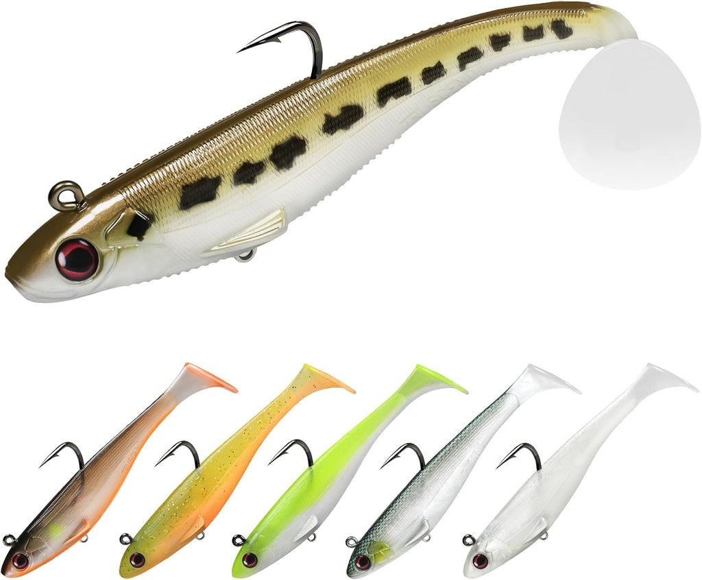 TRUSCEND Shadtale Easy Catch Soft Fishing Lures with BKK Hooks - Trembly Sinking and Vibrating Swim for More Bites, Pre-Rigged Swimbaits for Bass, Trout, Crappie, Walleye, Freshwater Saltwater Fishing