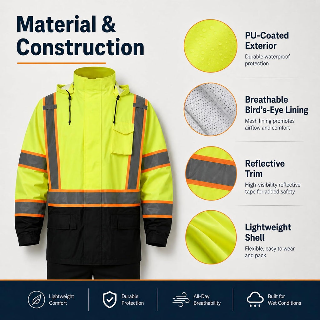 SKSAFETY Hi Vis Safety Rain Jacket for Men, Construction Work Rain Gear Heavy Duty Class 3 Rain Coat Waterproof Lightweight