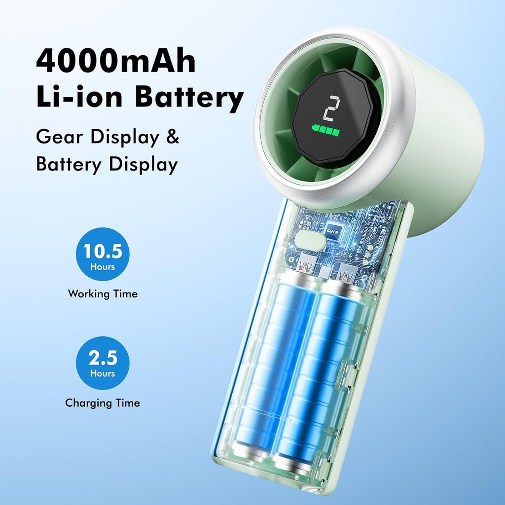 WHATOOK Portable Handheld Turbo Fan, 5 Speeds Mini Personal Fan with 4000mAh Rechargeable Battery, Small Pocket Fan for Travel Essentials, Beach, Office, Gifts for Women Men - Mint Green