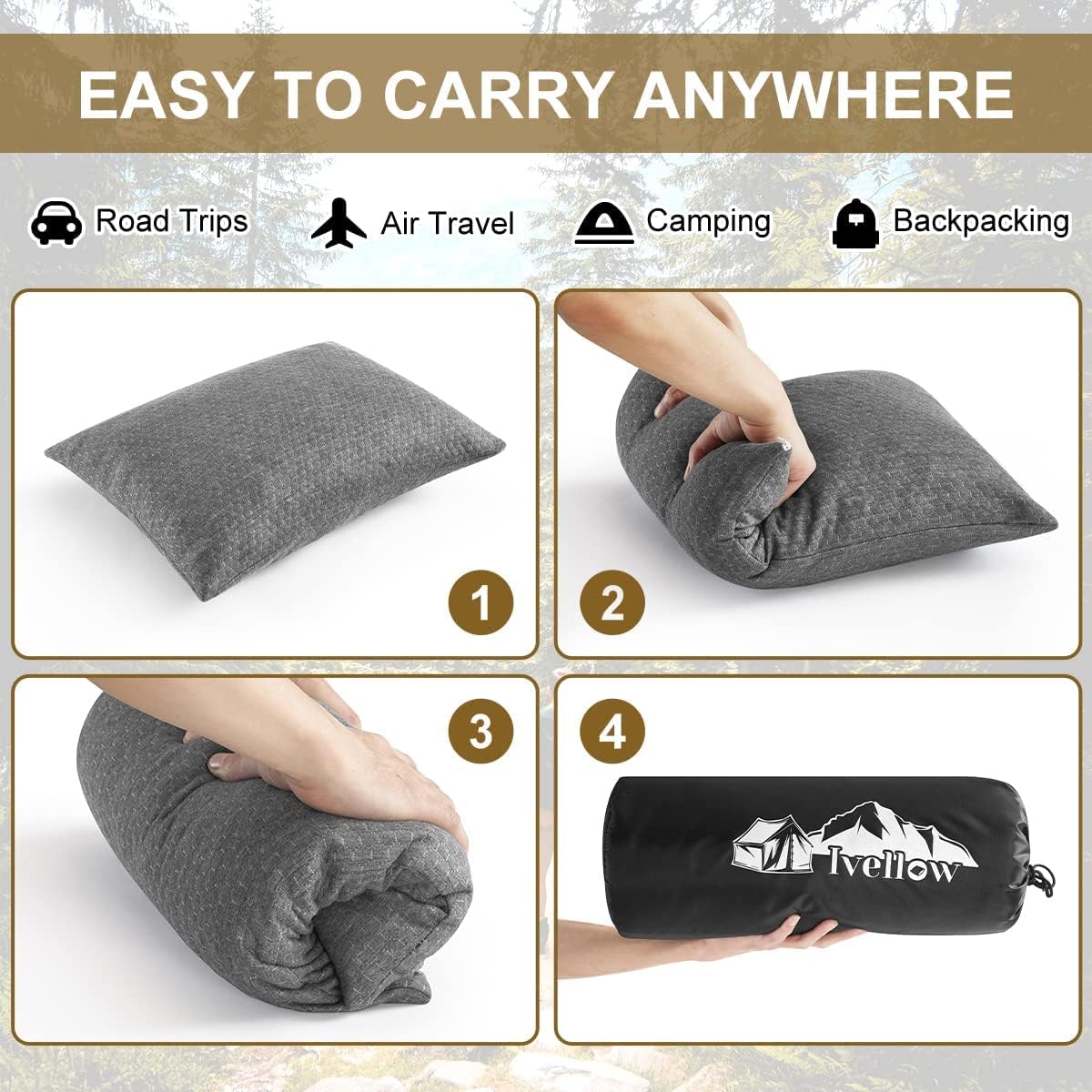 Ivellow Travel Pillow, Camping Pillow for Sleeping, Shredded Memory Foam