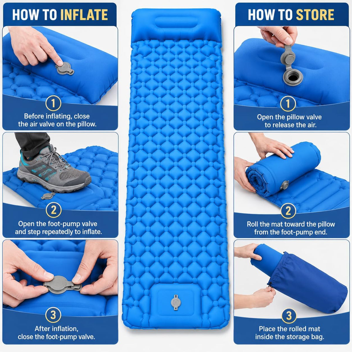 Camping Sleeping Pad, Ultralight Camping Mat with Pillow, Built-in Foot Pump Inflatable Sleeping Pads Compact for Camping Backpacking Hiking Traveling Tent - Blue