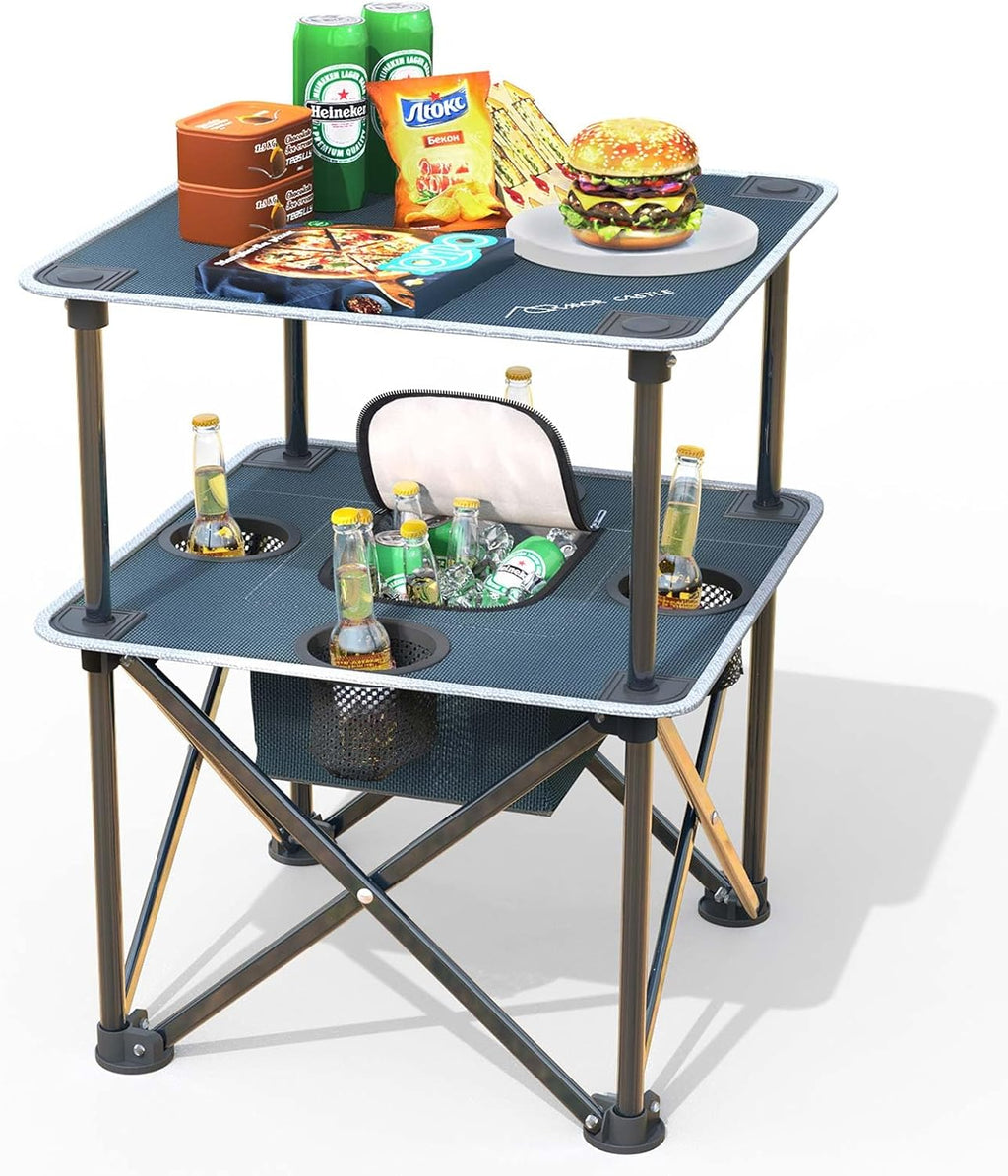 Folding Camping Table with 4 Cup Holders, Lightweight Portable Beach Outdoor Picnic Table, Square Camp Table with Built-in Food Basket Travel Bag for BBQ, Camping, Tailgate