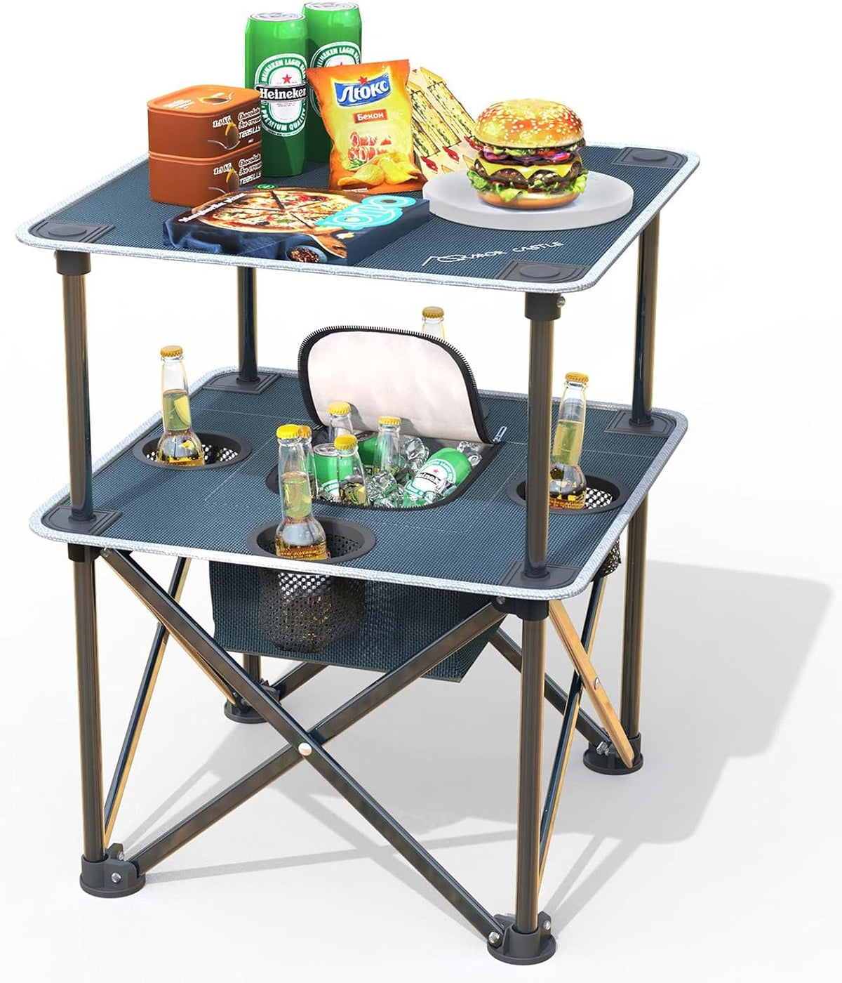 Folding Camping Table with 4 Cup Holders, Lightweight Portable Beach Outdoor Picnic Table, Square Camp Table with Built-in Food Basket Travel Bag for BBQ, Camping, Tailgate
