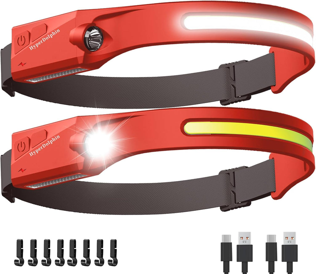 Headlamp Rechargeable LED (2-Pack, Red) 230° Wide Beam, USB-C Lightweight Head Lamp, Long Runtime, Water-Resistant for Camping, Hiking, Running, Fishing, Repair Work