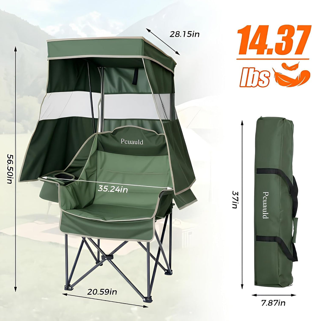 Camping Chair with Canopy Shade Heavy Duty Folding Chair with Umbrella Cup Holder Oversized Beach Chairs with Canopy for Adults Portable Padded Outdoor Lawn Chair for Sports Fishing, 500LBS, Green