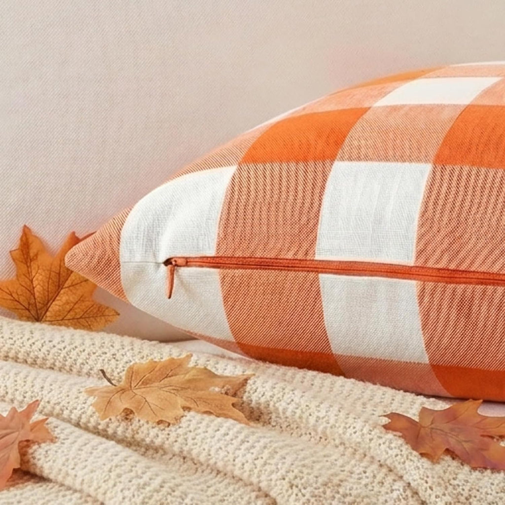 Burnt Orange Fall Plaid Outdoor Porch Pillow Covers 18x18 Set of 4 | Thanksgiving Autumn Pillow Covers 18 x 18, Cojines De Otoño Para Sala, Aesthetic Fall Room Decor, Fall Patio Outdoor Pillow