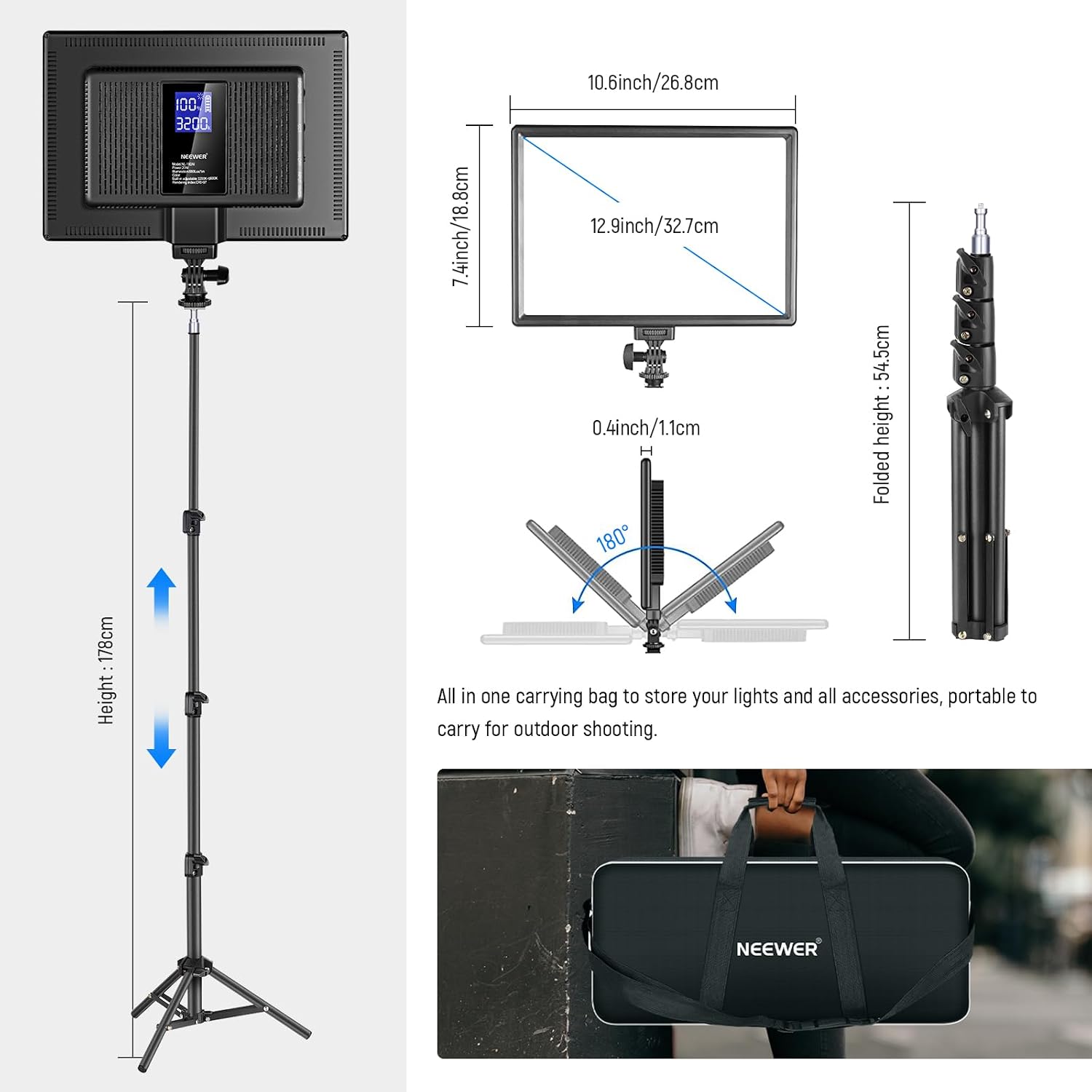 NEEWER 13" LED Video Light Panel Kit, 2 Pack Bi Color Dimmable with Tripod Stand, 4000mAh Battery, 3200K-5600K CRI97+, USB, for Studio/Streaming/YouTube, Black, NL-192AI