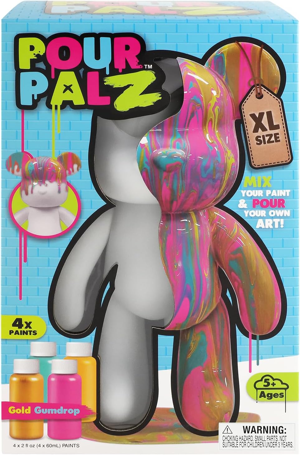 Pour Palz DIY Paint Pouring Kit – 1 XL Bear Figurine, 4 Acrylic Pour Paints, Mixing Cups & Tools, Create Unique Marbled Art, Fun Hands-On Craft Kit for Kids & Adults, Gold Gumdrop, Ages 5+