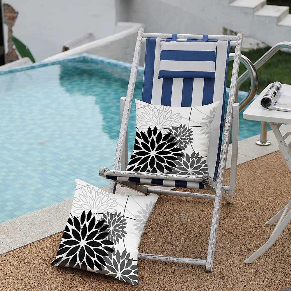 DFXSZ Black Grey Floral Outdoor Pillow Covers 18x18 Set of 2 Waterproof