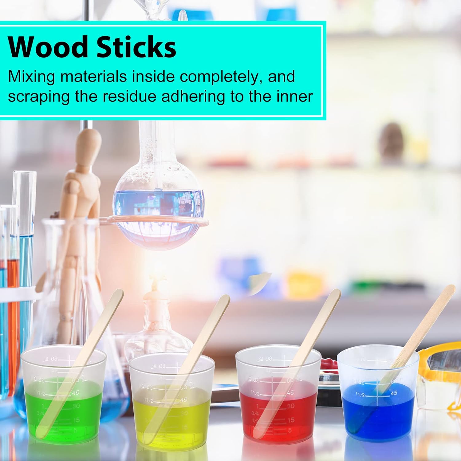 100 Pack 60ml/2oz Transparent Measuring Cups Reusable Clear Plastic Graduated Epoxy Mixing Cups with 100 Pack Wooden Stirring Sticks for Liquids Resin, Epoxy, Stain, Mixing Paint, School Labs