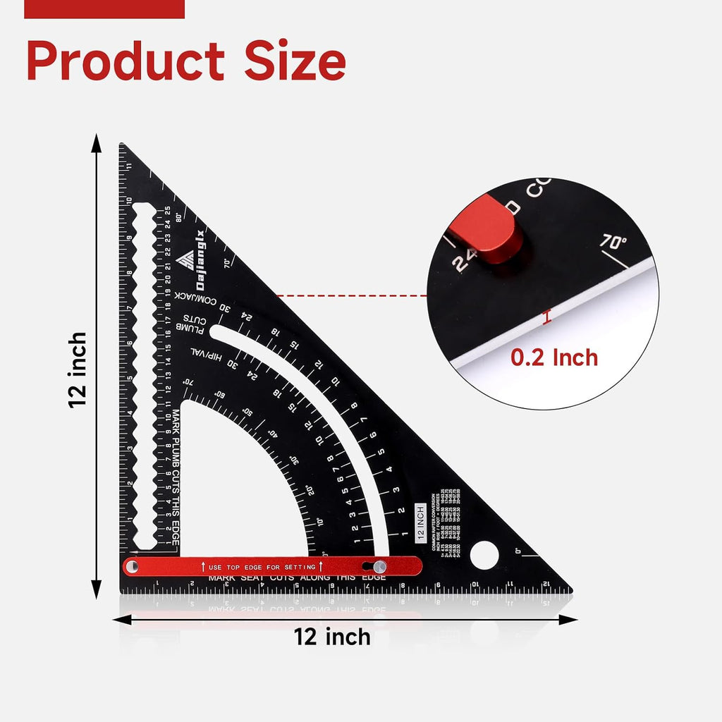 12 Inch Aluminum Carpenter Square, Woodworking Adjustable Rafter Framing Square, Measuring Angle Large Triangle Ruler Layout Tool, Multifunctional Carpentry Square, Gift for Carpenters