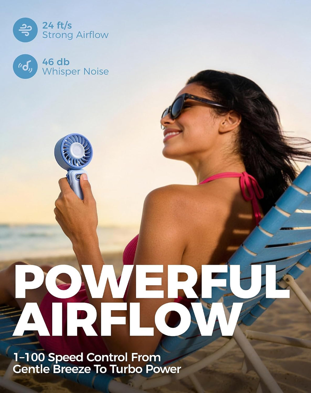 Diveblues Portable Turbo Fan, 100 Speed Handheld Fan with Strong Airflow, Foldable 4 in 1 Personal Fan for Neck, Desk & Travel, USB-C Rechargeable, Lightweight for Summer, Concerts & Outdoor Use