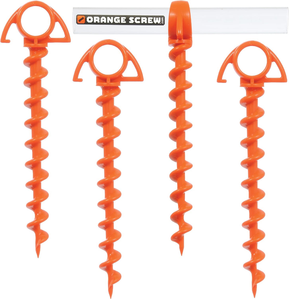 Orange Screw Ultimate Ground Anchors: Heavy Duty Screw-in Tent Stakes for High Wind, Sand, Canopies, and Camping - Made in USA, 100% Recycled, Included T-Grip Tool - (Small, 4 Pack)