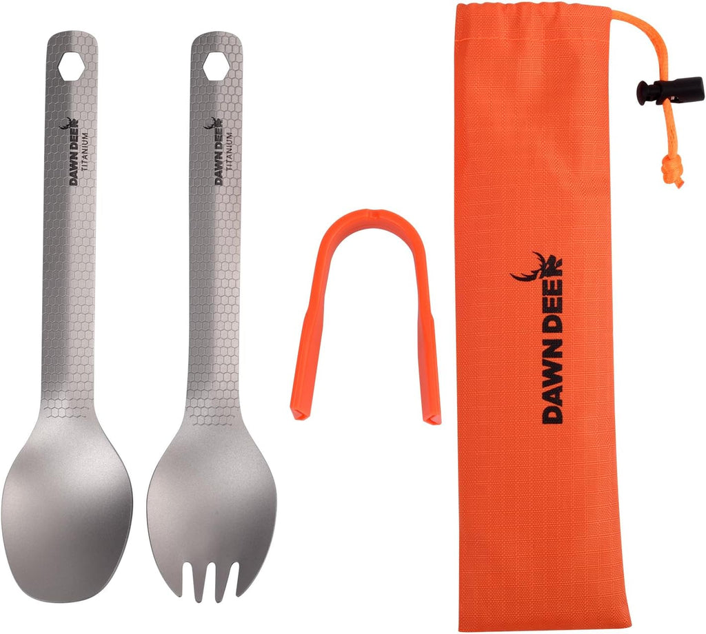 3-in-1 Titanium Backpacking Utensils, Spoon, Spork and Tongs Set
