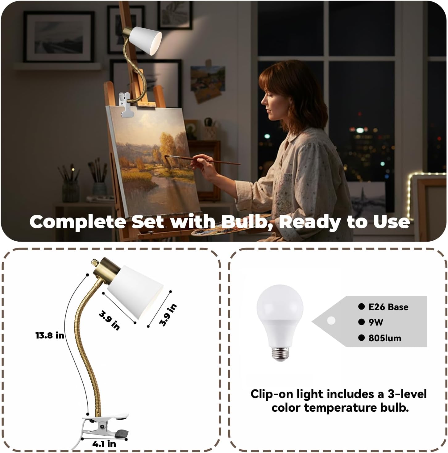 LALISU Desk lamp Eye-Caring Table Lamps 360°Rotation Gooseneck Clip on Lamp