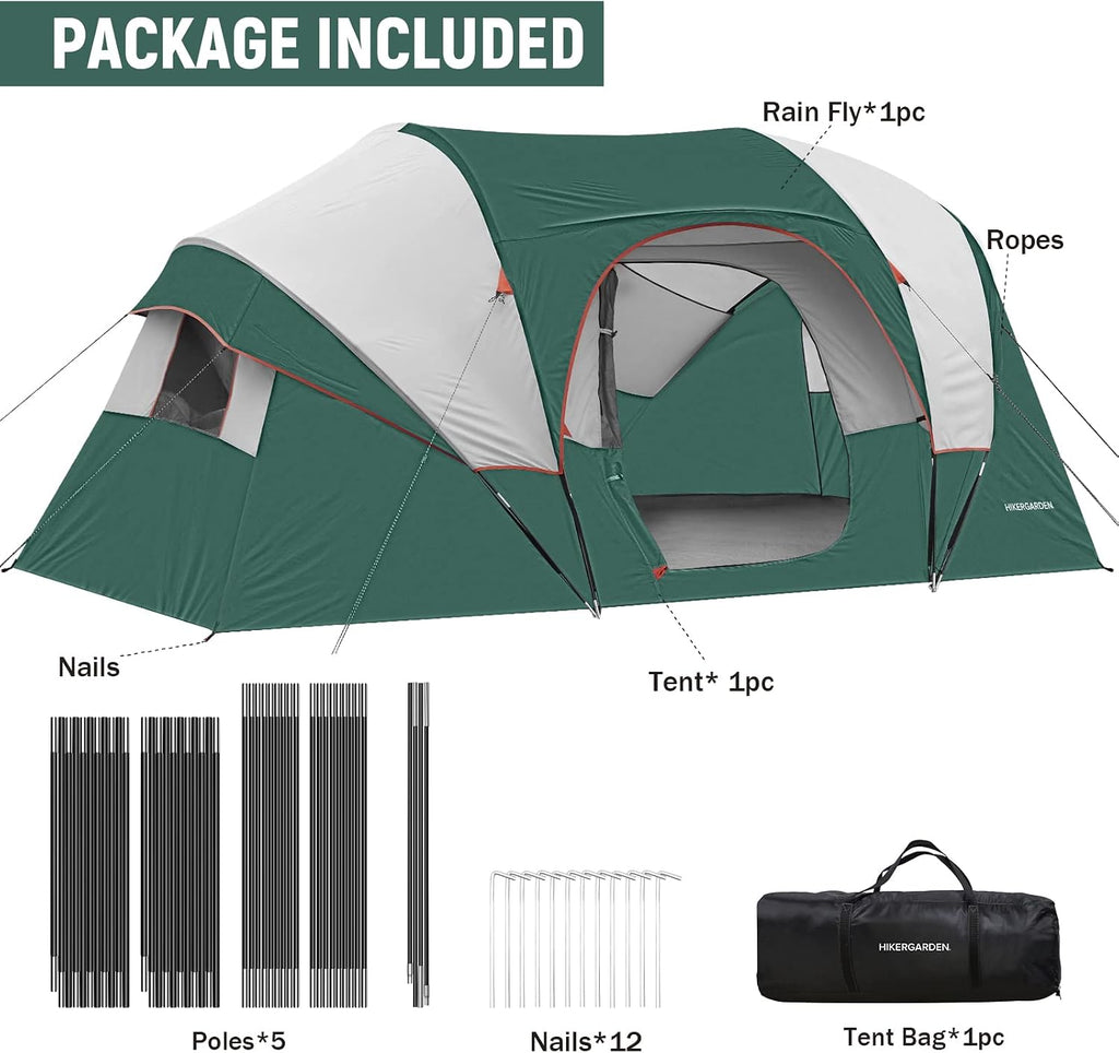 HIKERGARDEN 10 Person Tents for Camping Family Outdoor Dome Tent