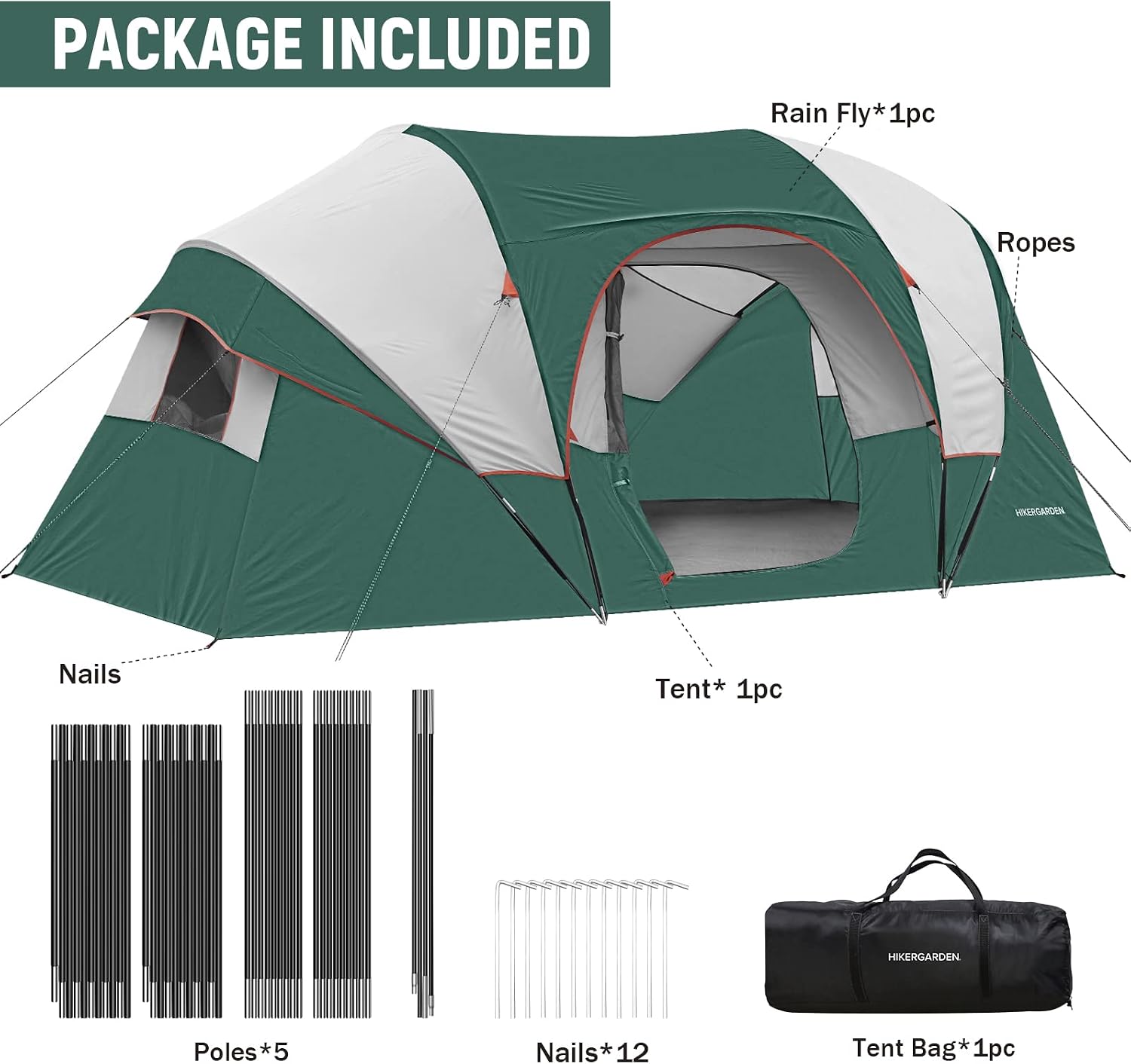 HIKERGARDEN 10 Person Tents for Camping Family Outdoor Dome Tent