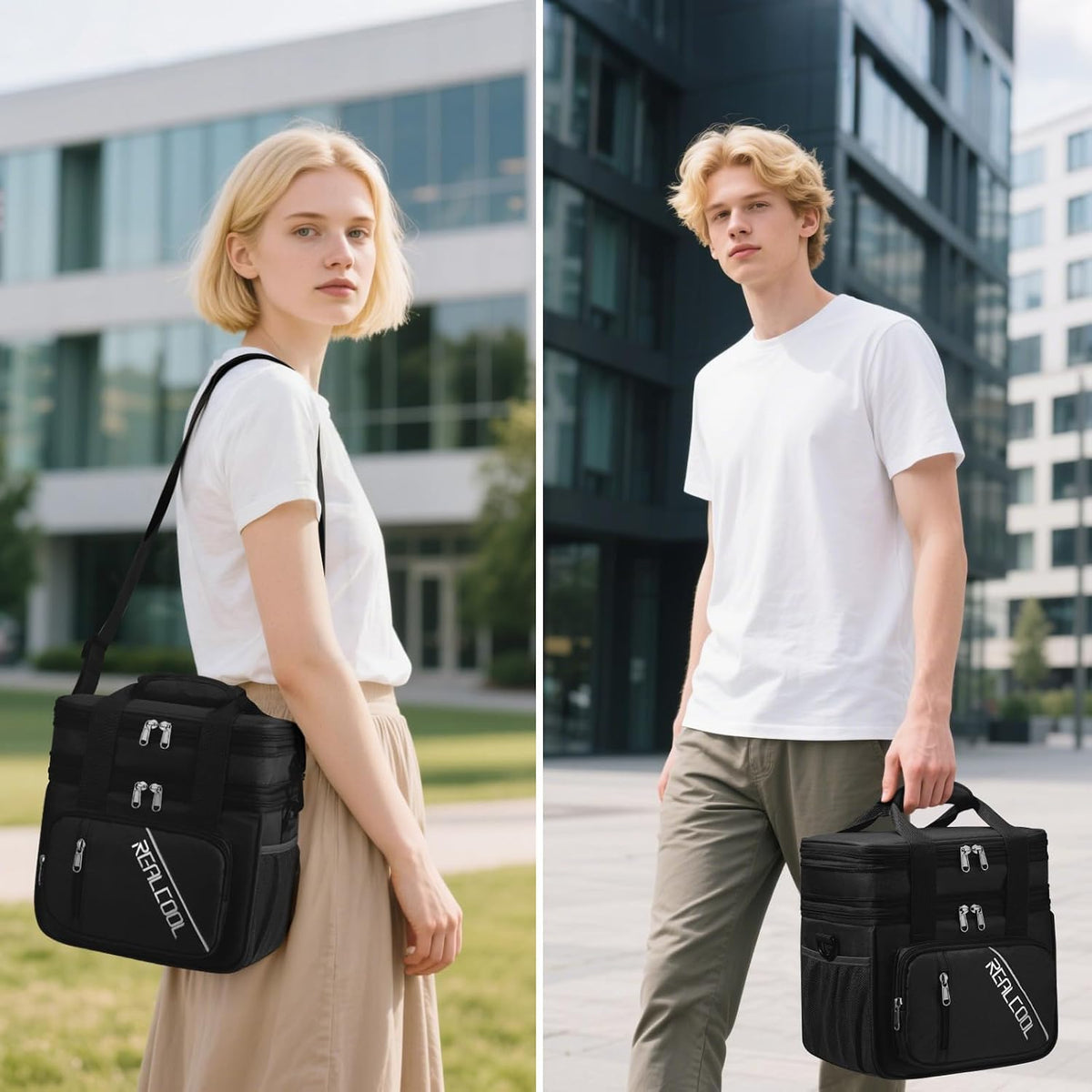 RealCool Insulated Lunch Bag, Portable Double Deck Lunch Box for Men Women