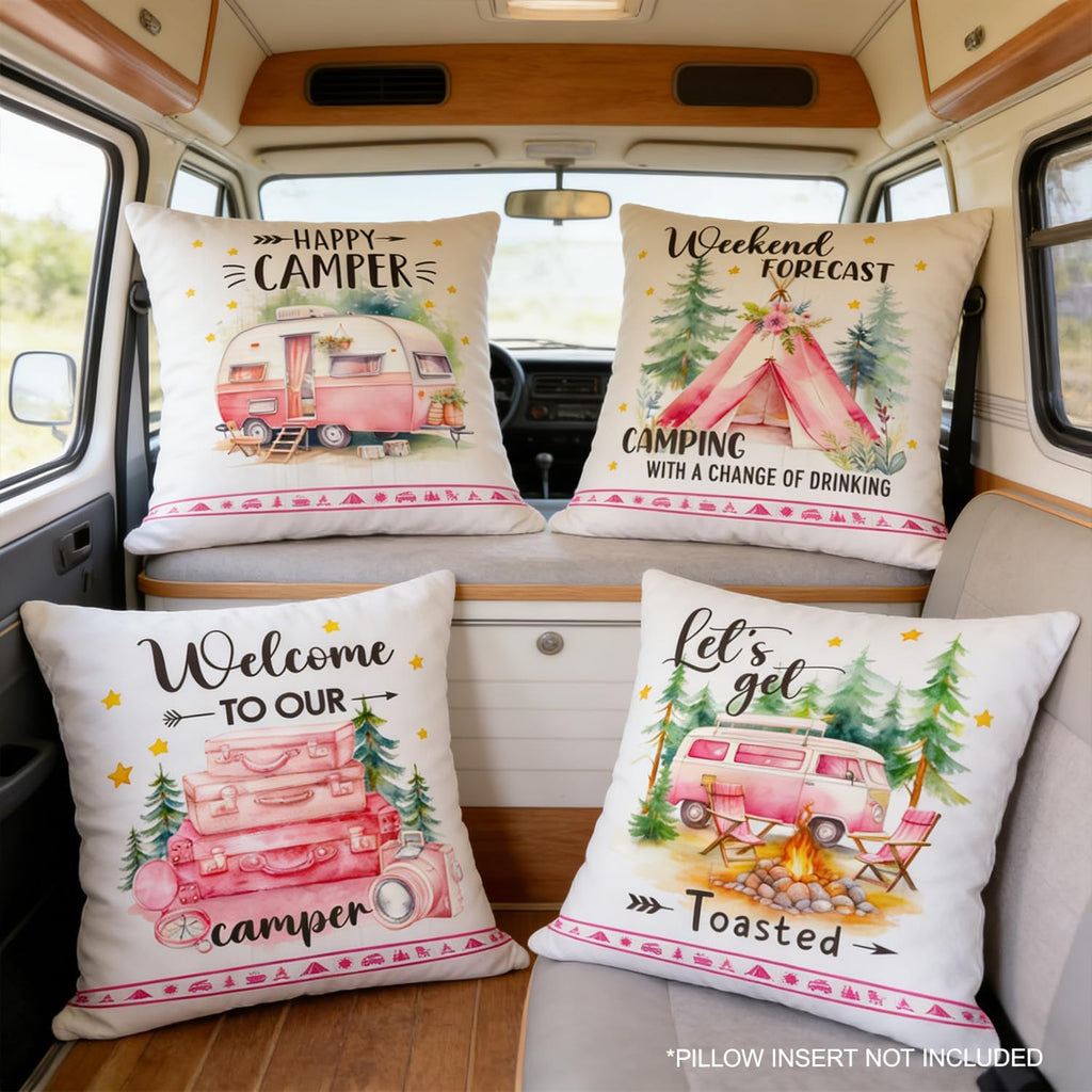Happy Camper Camping Life Throw Pillow Cover for Camp Lady, 18 x 18 Inch Pink Travel Trailer Campfire Tent Pinetree Holiday Cushion Case Decoration for Sofa Couch Set of 4
