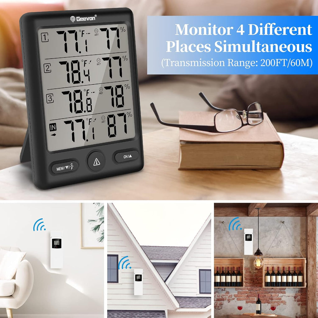 Geevon Indoor Outdoor Thermometer Wireless with 3 Remote Sensors, Digital Hygrometer Thermometer, Wireless Temperature Humidity Monitor Gauge with 200FT/60M Range