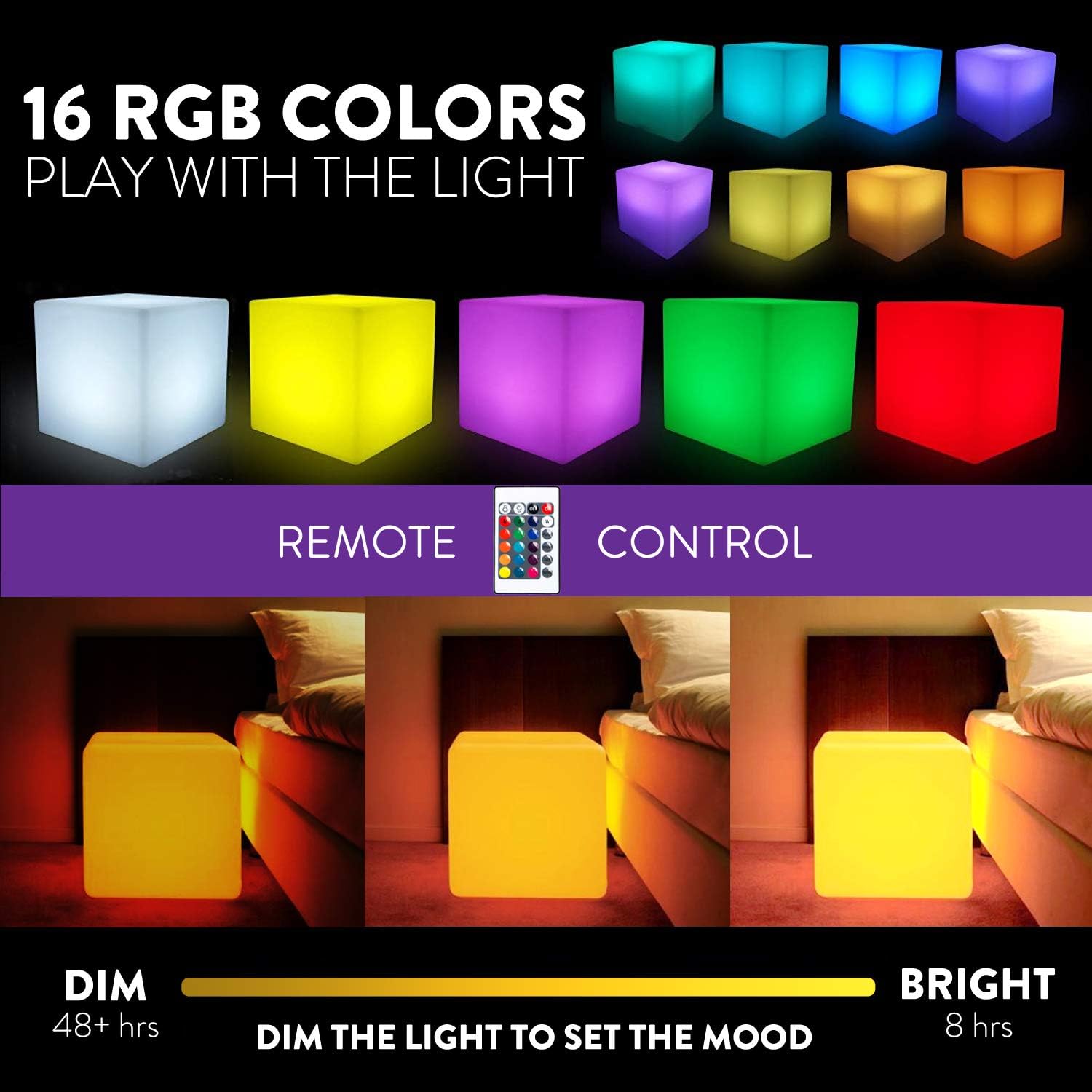 Mr.Go 12-Inch LED Light Cube Stool, RGB Glowing Mood Night Light w/Remote