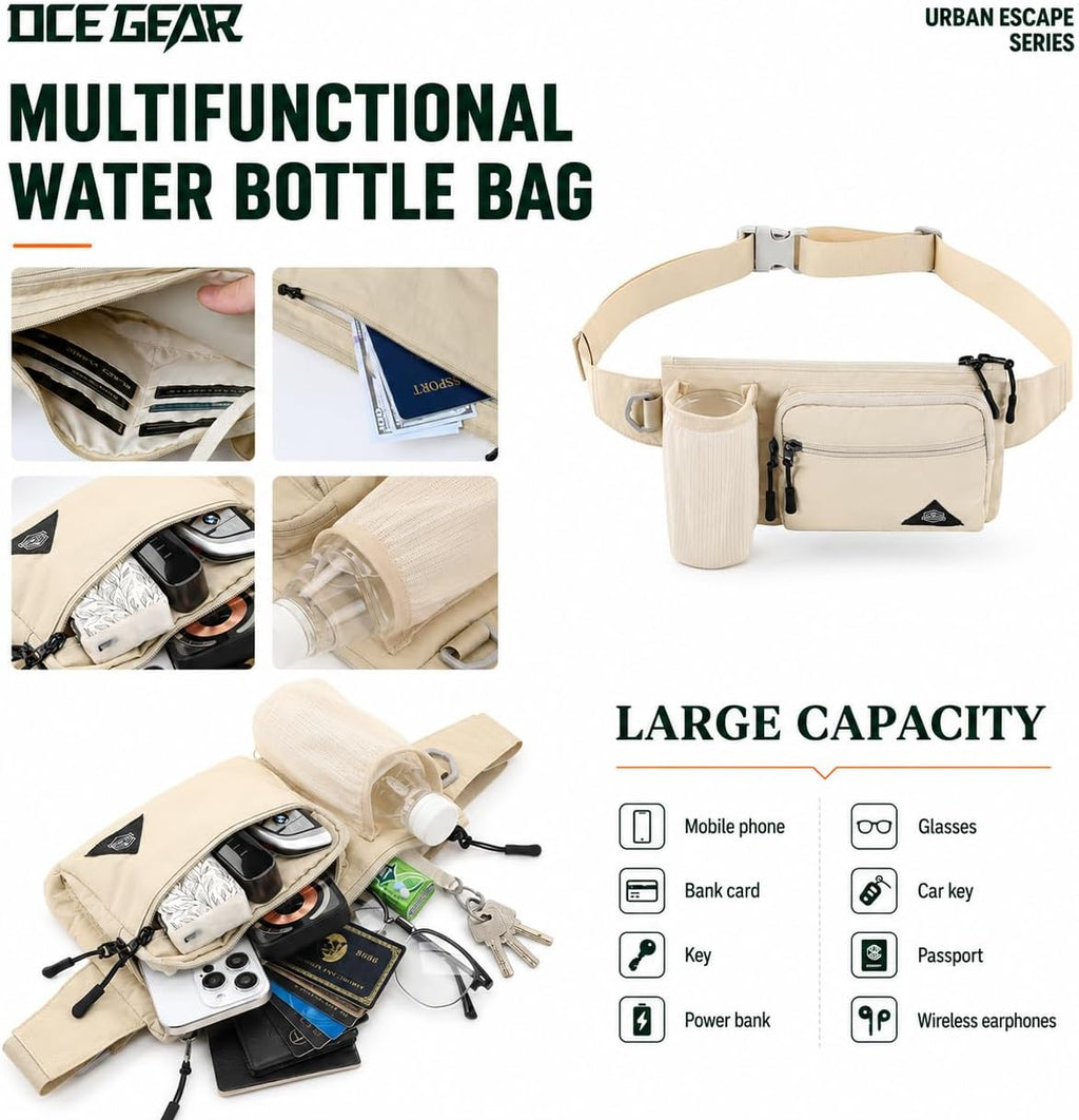 Fanny Pack with Water Bottle Holder for Men Women Waist Bag Running Waist Pack Waterproof for Outdoor Travel Cycling Climbing Walking Fit All Phones (Bottle Not Included) (Beige)