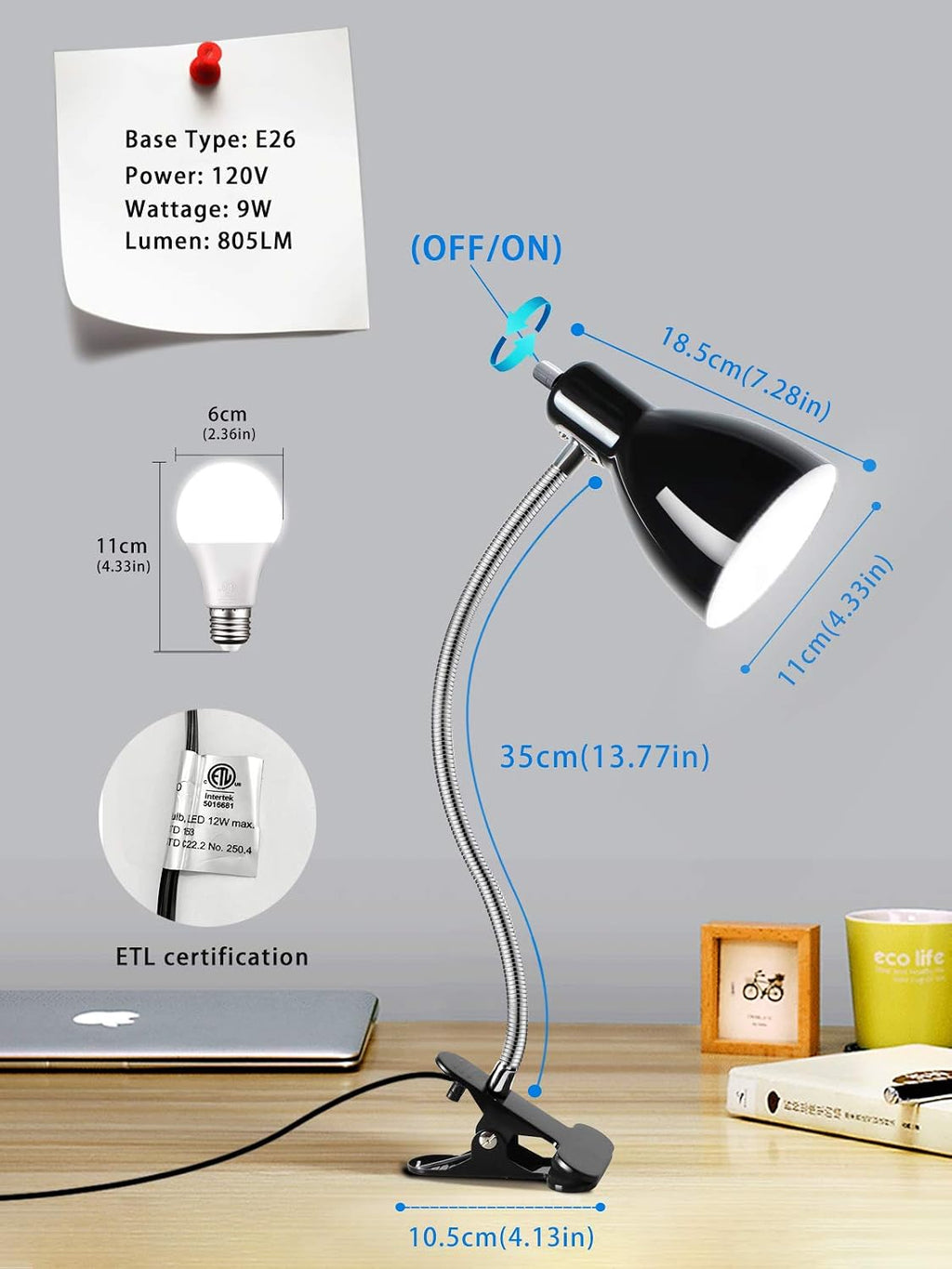 LALISU Desk lamp Eye-Caring Table Lamps, 360°Rotation Gooseneck Clip Lamp