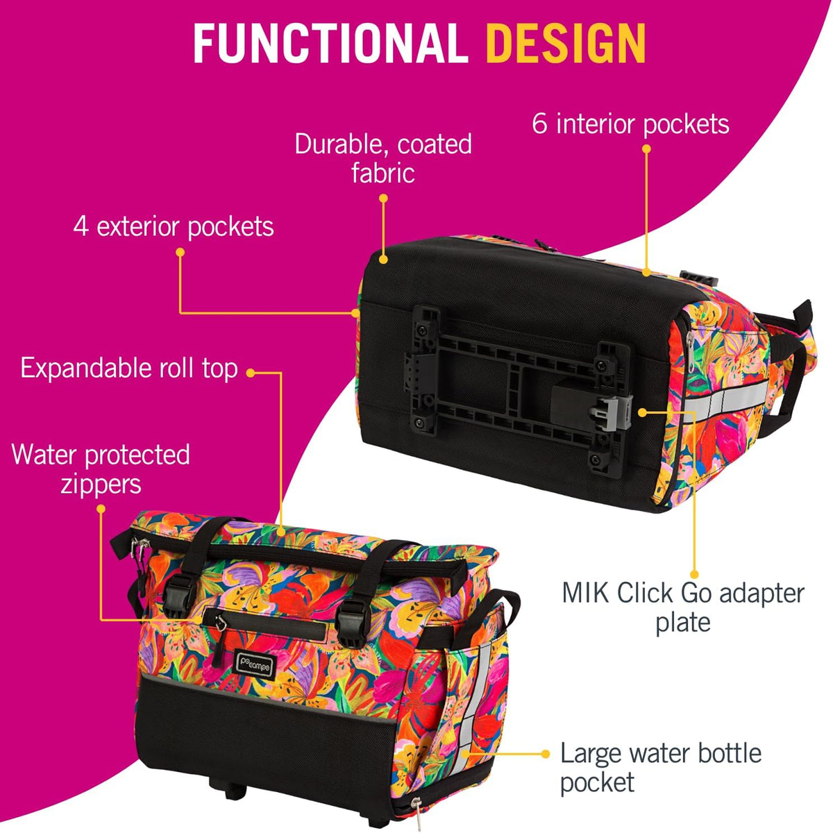 Po Campo Vernon MIK Bike Trunk Bag for Rear Rack - 15.7L Waterproof Bicycle Cargo Bag with MIK Click System - Roll Top - 10 Pockets – Reflective - Fits MIK Bike & E-Bike Racks