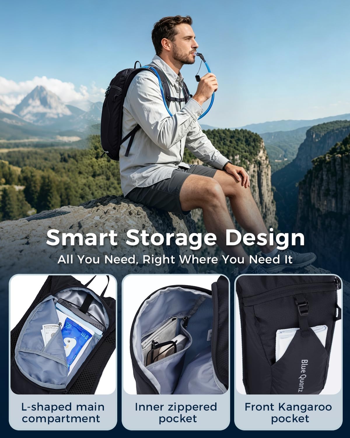 Blue Quartz Hydration Backpack with 2L Water Bladder, Hiking Water Pack with Insulated Compartment for Women Men, Lightweight Running Hydration Vest with Phone Pocket for Cycling, Biking
