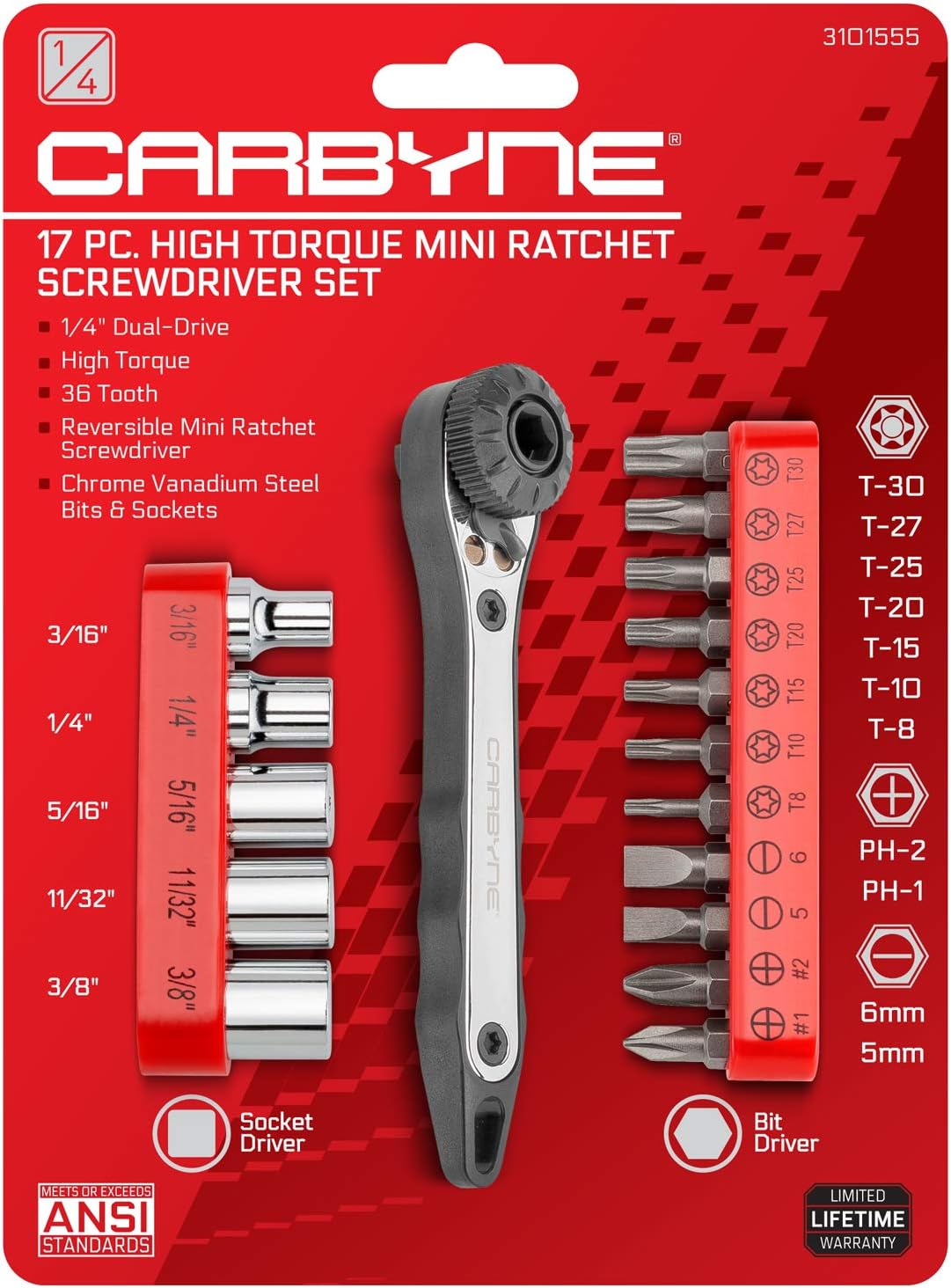 Carbyne 17-Piece Right Angle Mini Ratchet Wrench Screwdriver Set