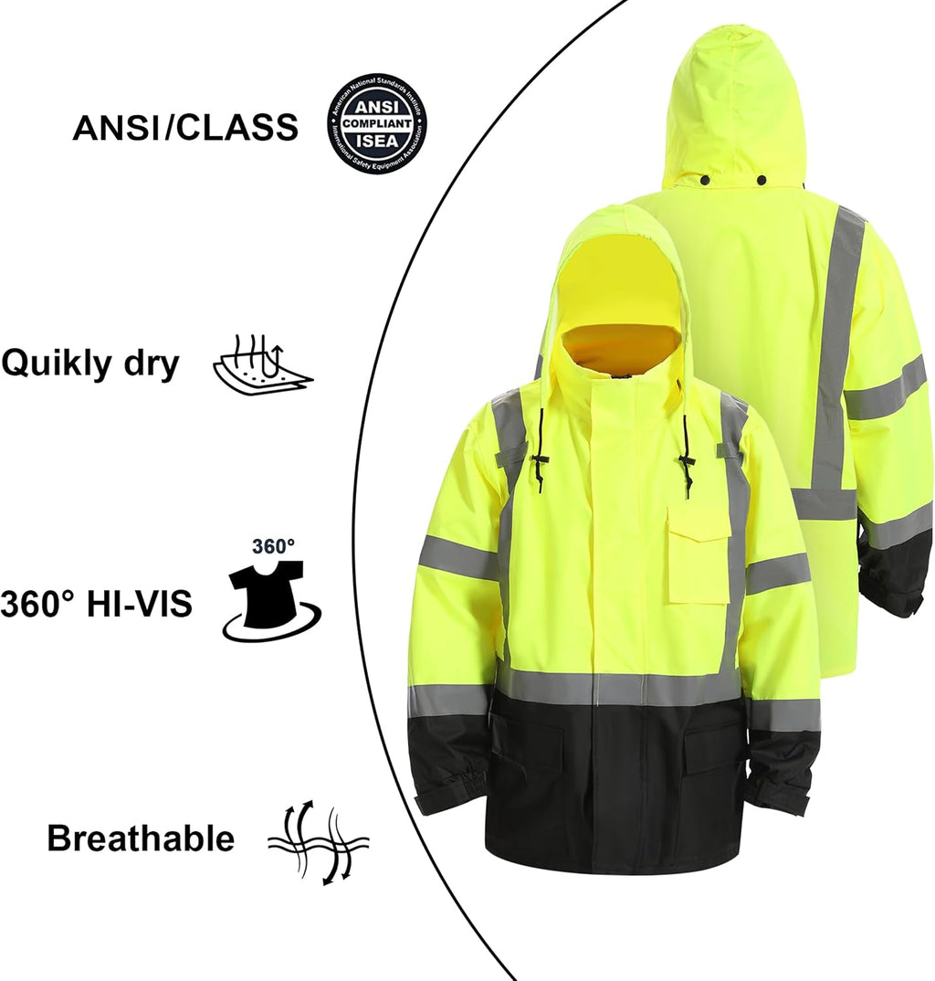 Reflective Rain jackets for men waterproof,Hi Vis Safety Coat With Reflective Strips，High Visibility Class 3 Rain jackets With 2 large pockets，Zipper,Black Bottom Lime,SM/MD