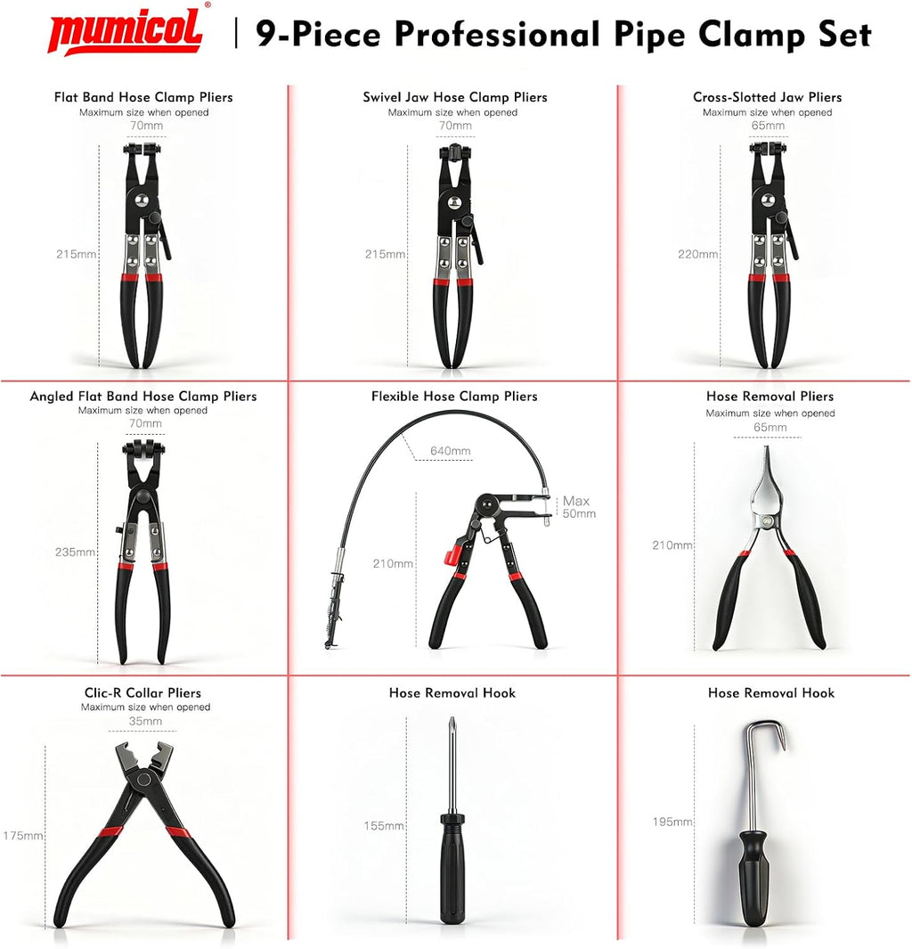 9pc Hose Clamp Pliers - Swivel Jaw and Flat Band for Radiator Hoses