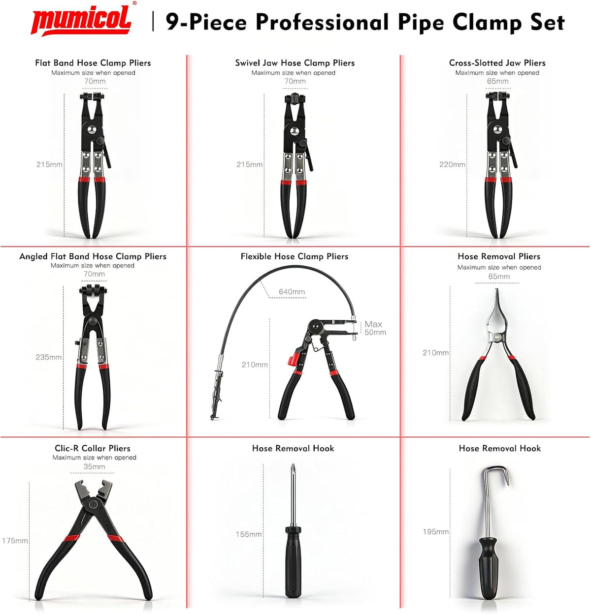 9pc Hose Clamp Pliers - Swivel Jaw and Flat Band for Radiator Hoses