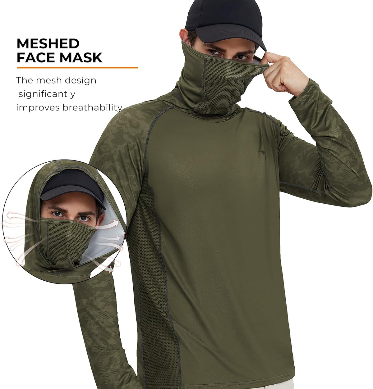 Rodeel UPF 50+ Men’s Long Sleeve Performance Fishing Hiking Shirt with Mask UV Neck Gaiter Hoodie