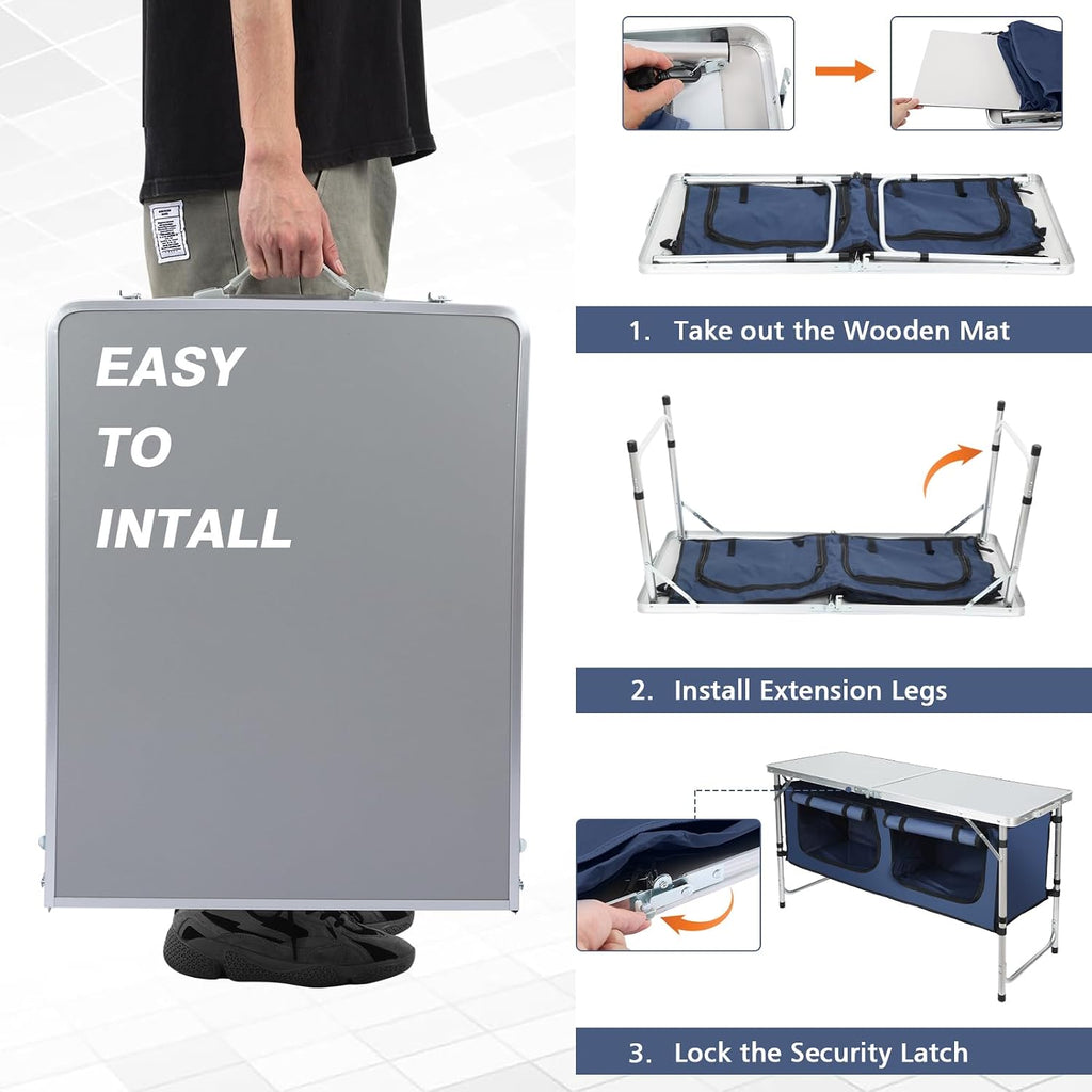 JOUYEK Camping Table, Folding Portable Kitchen Table with Storage Blue