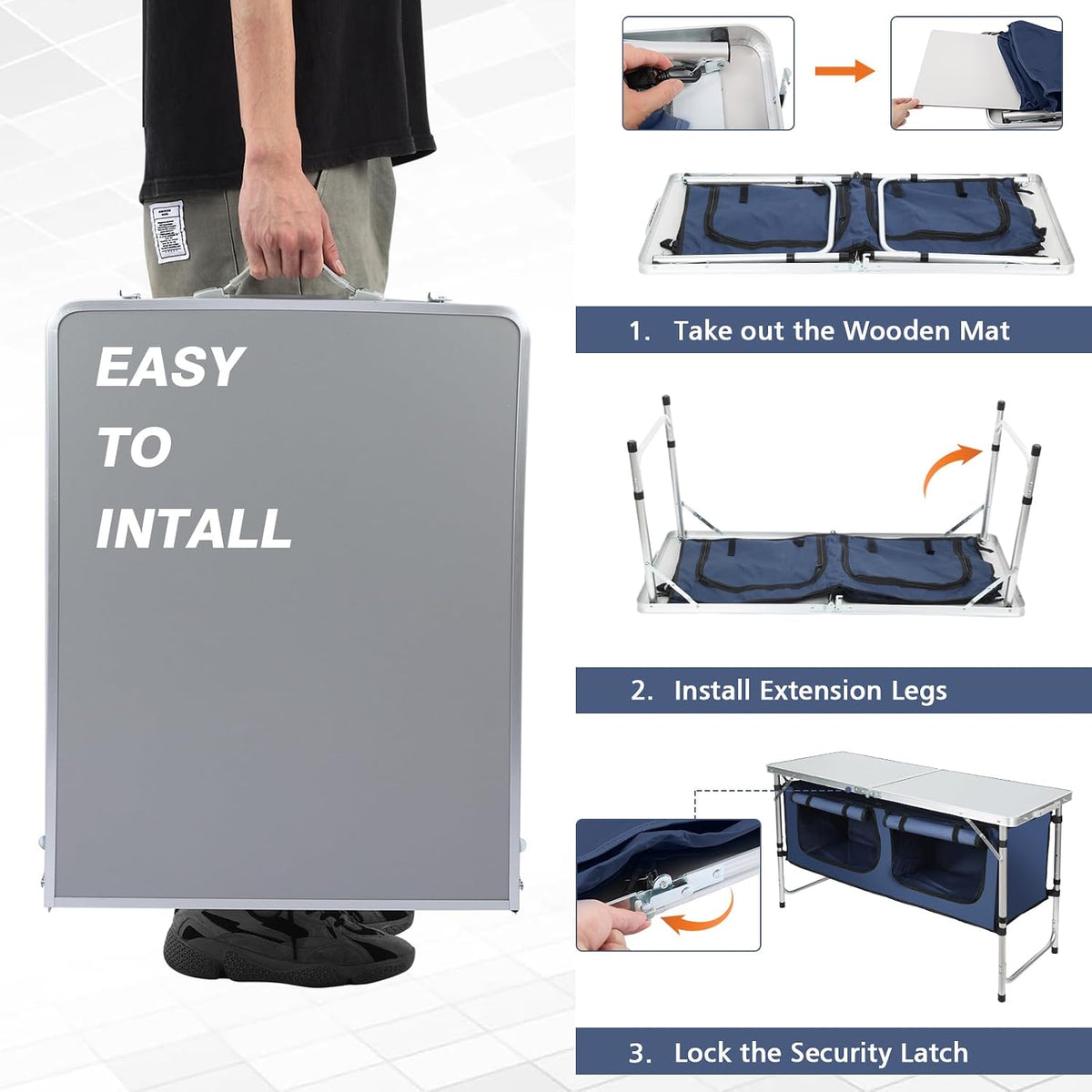 JOUYEK Camping Table, Folding Portable Kitchen Table with Storage Blue