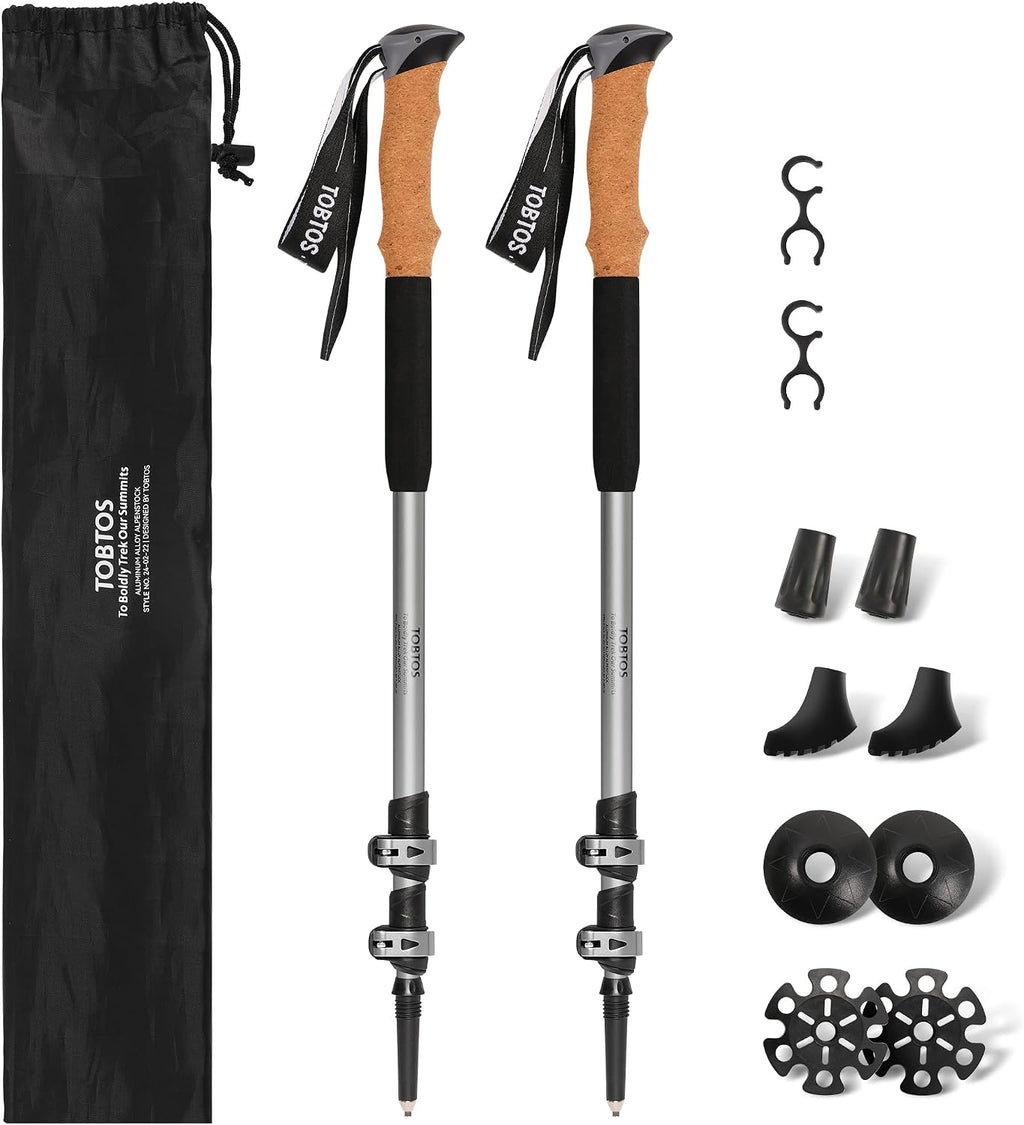 TOBTOS Trekking Poles, 2 Pack 7075 Aluminum Walking Sticks with Quick Lock, Lightweight Adjustable Hiking Sticks, Comfortable Cork Grips for Hiking, Walking & Camping