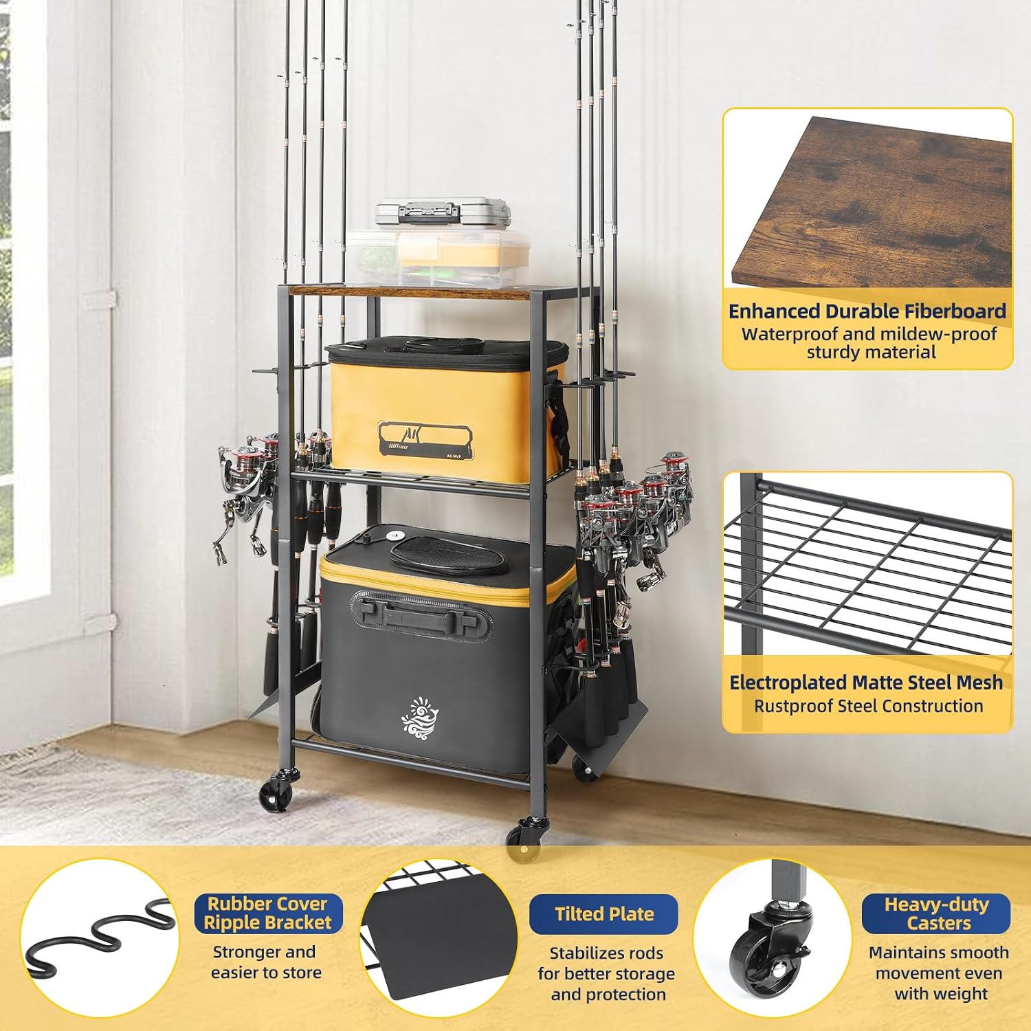 Olakee Fishing Rod Holders, Rolling Fishing Rod Rack for Garage & Boat, Tackle Box & Reel Holder Cart, Easy Assembly Fishing Gear Management System, Ideal Birthday Gift for Men Dad Anglers