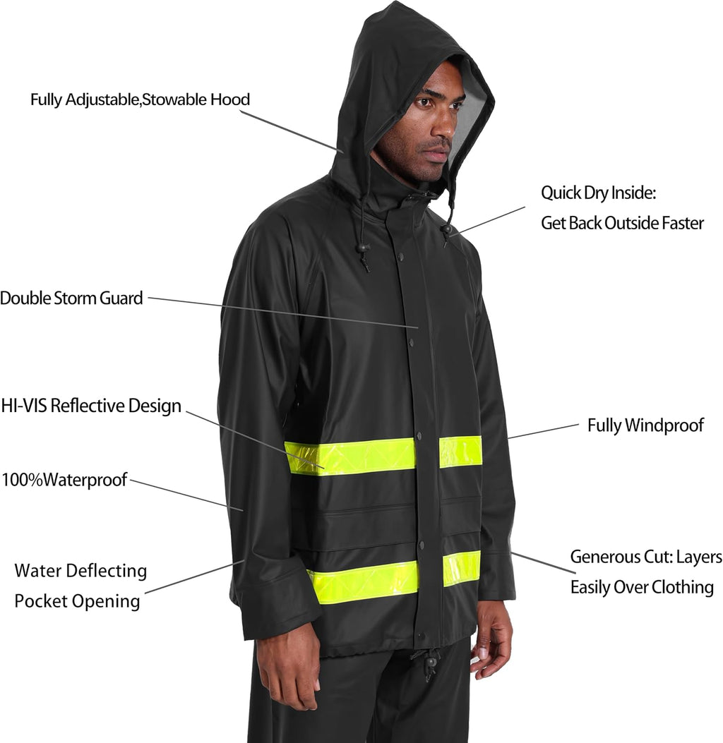 Men's Hi-Vis Waterproof Rain Jacket, Reflective Work Coat
