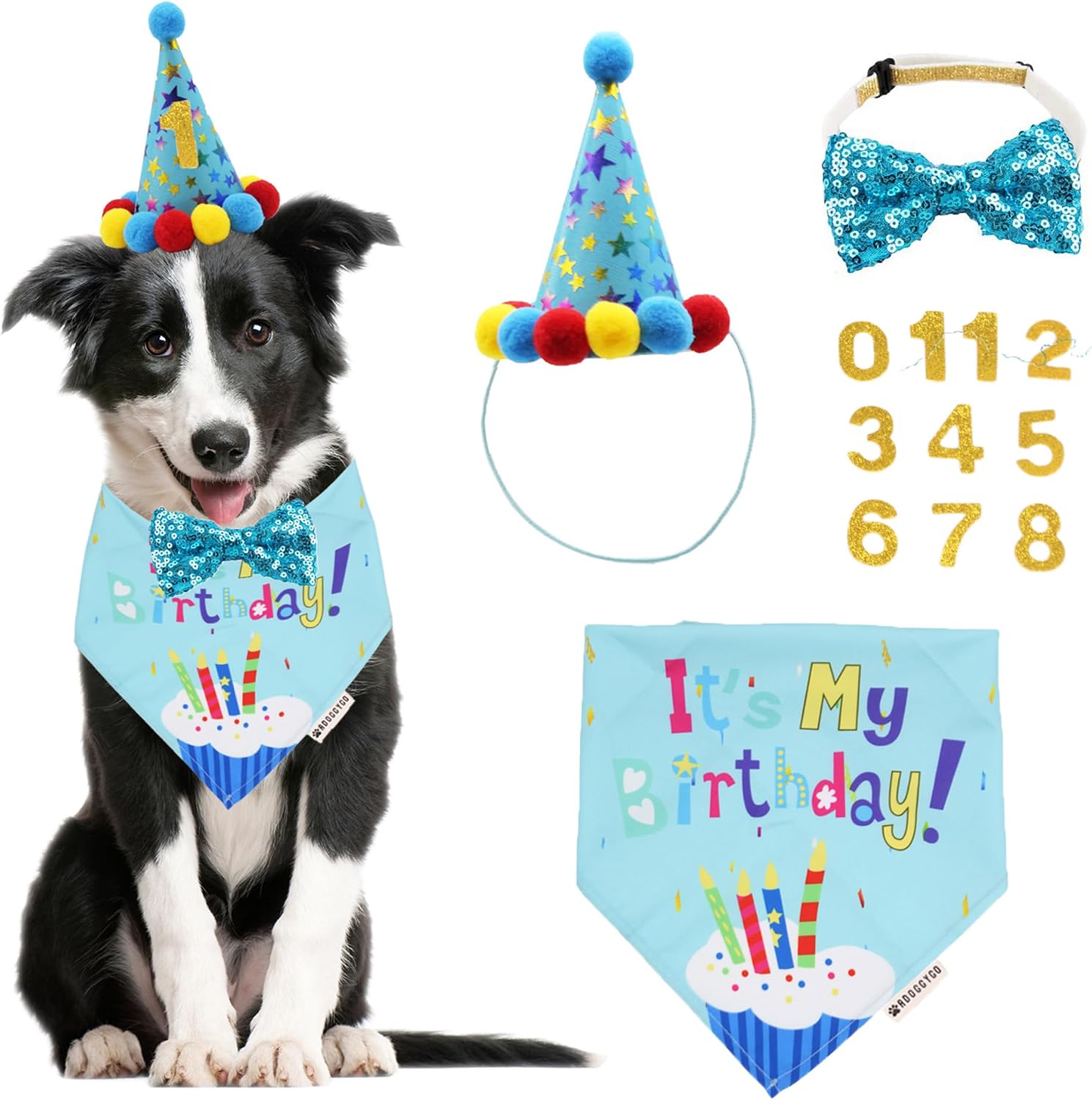 ADOGGYGO Dog Birthday Hat, Blue Birthday Boy Bandana with Bow Tie, Large
