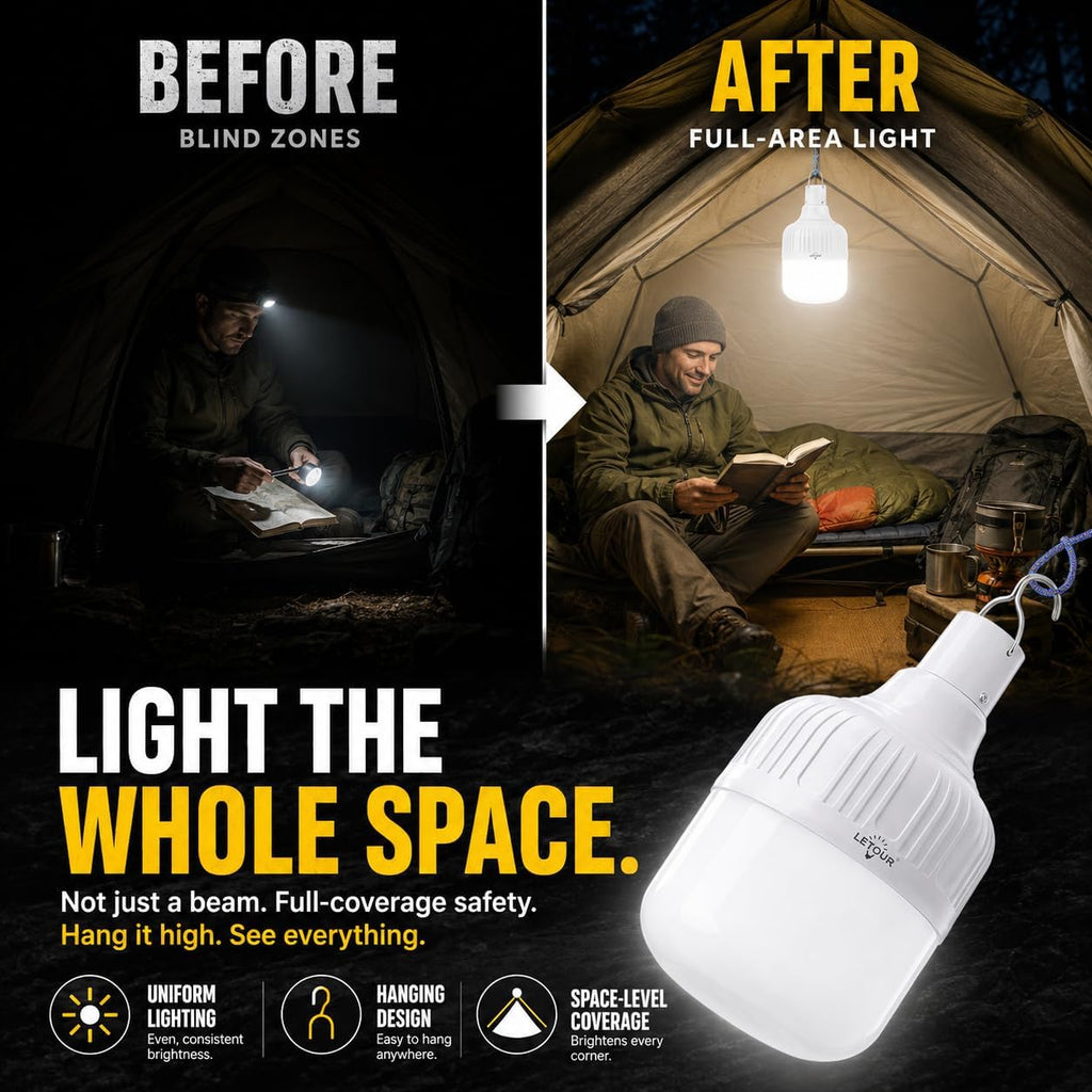 Camping Lantern LETOUR Dimmable 8800mAh LED Light Bulb 5 Lighting Modes Rechargeable Hanging Tent Light 5000 Lumen Portable Emergency Lantern Power Failure Emergency Survival Kits Snowstorm