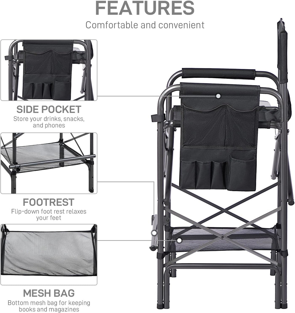 EVER ADVANCED 30.7" Seat Height Directors Chair for Makeup Artist with Side Table Easy Get in Out for Elderly Tall Camping Chair Supports 350lbs Black