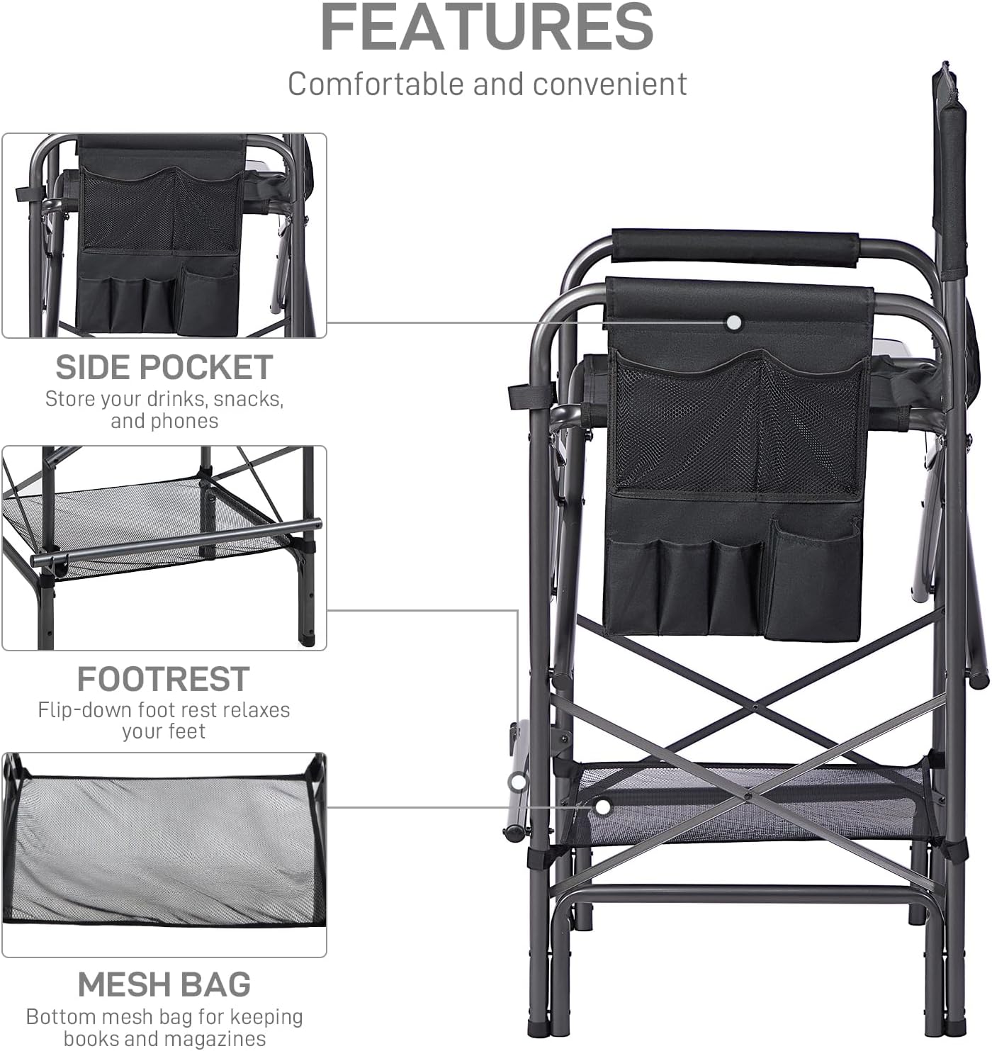 EVER ADVANCED 30.7" Seat Height Directors Chair for Makeup Artist with Side Table Easy Get in Out for Elderly Tall Camping Chair Supports 350lbs Black